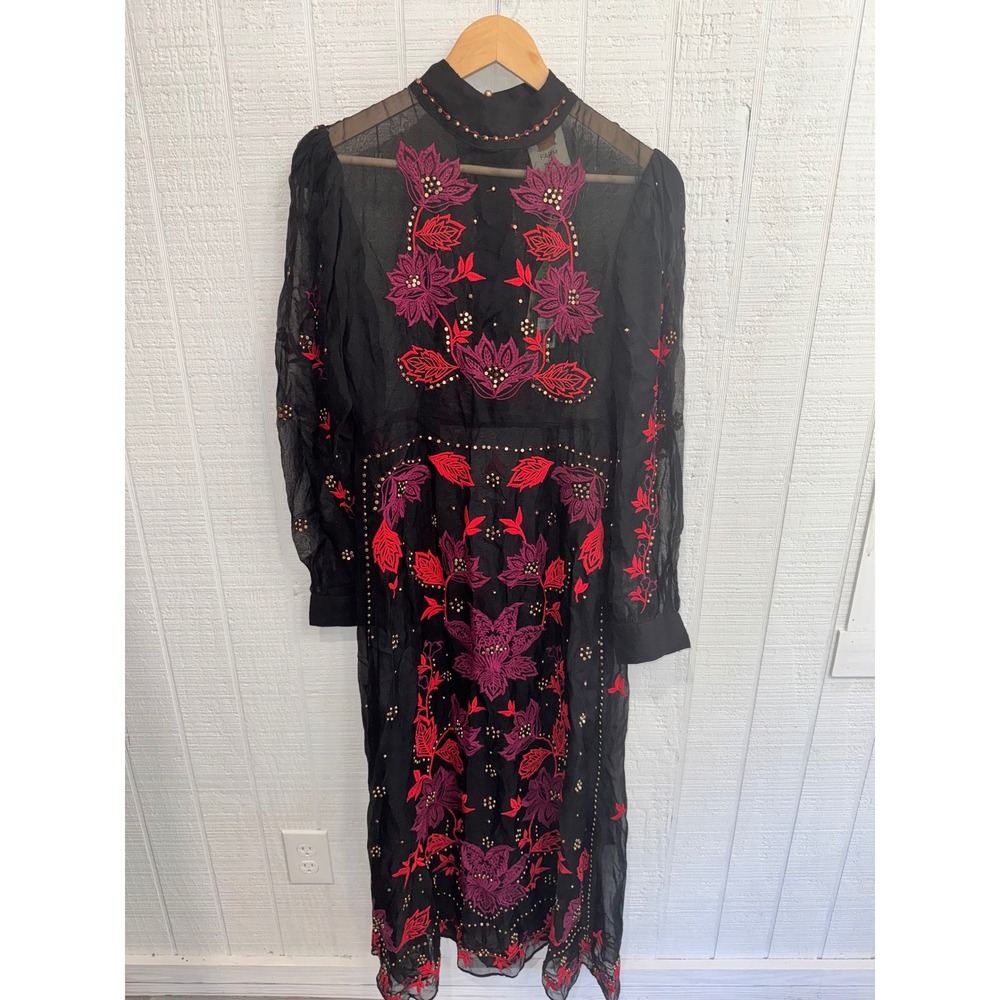 Farm Rio Organza Midi Dress Womens Black Embroidered Beaded Long Sleeve M - Picture 2 of 9
